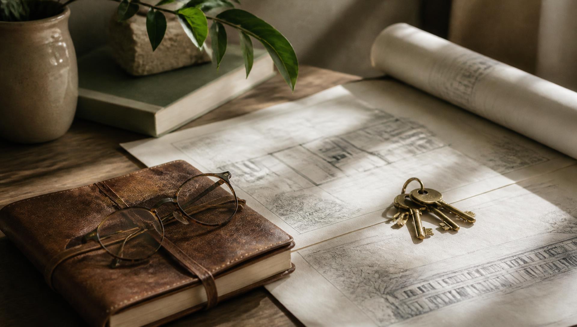 Plans, brass keys and a notebook on a warm oak desk
