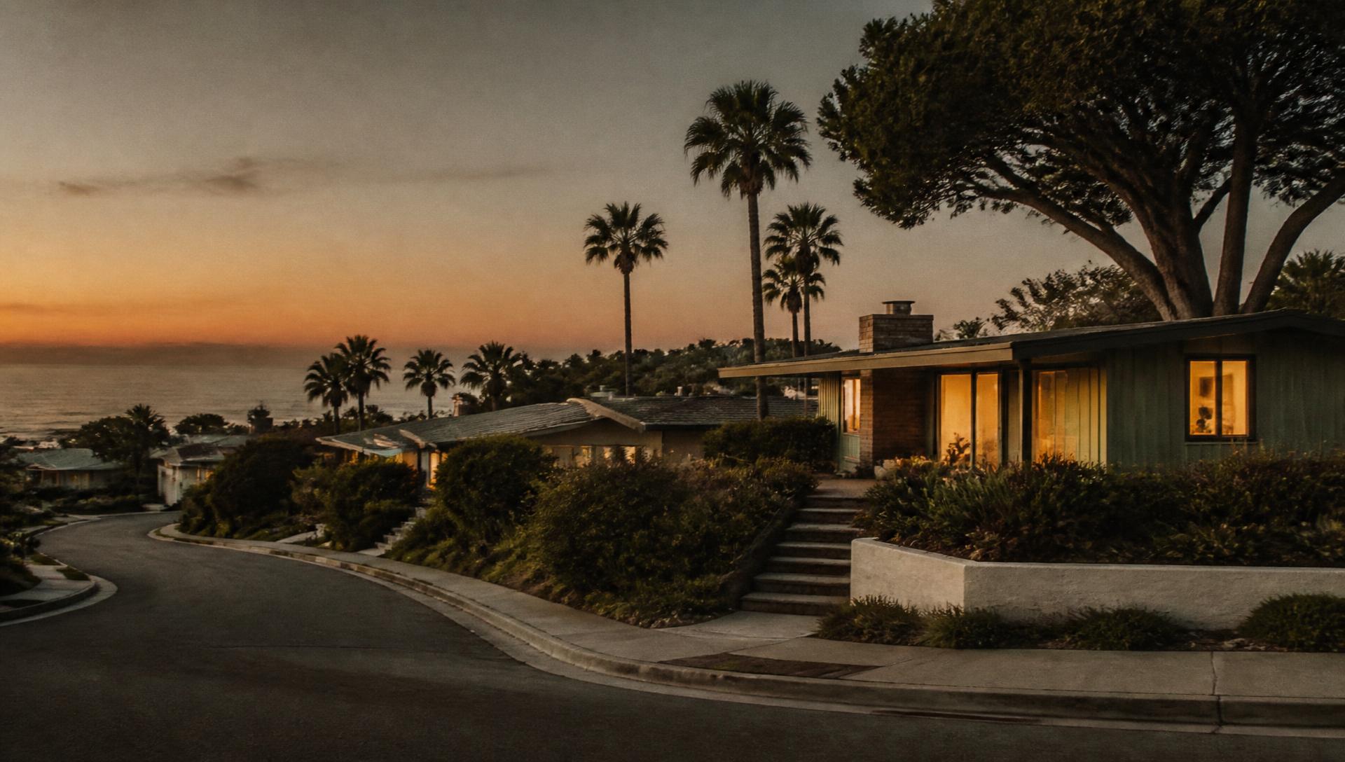Quiet coastal Southern California street at dusk with warm window light