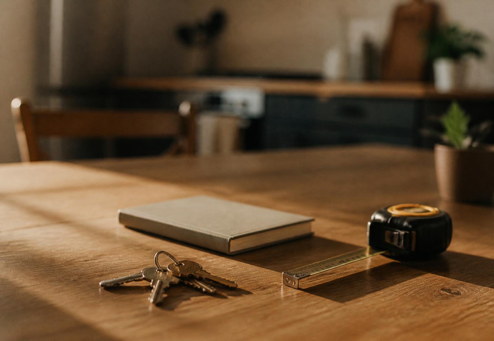 Notes and plans on a kitchen counter
