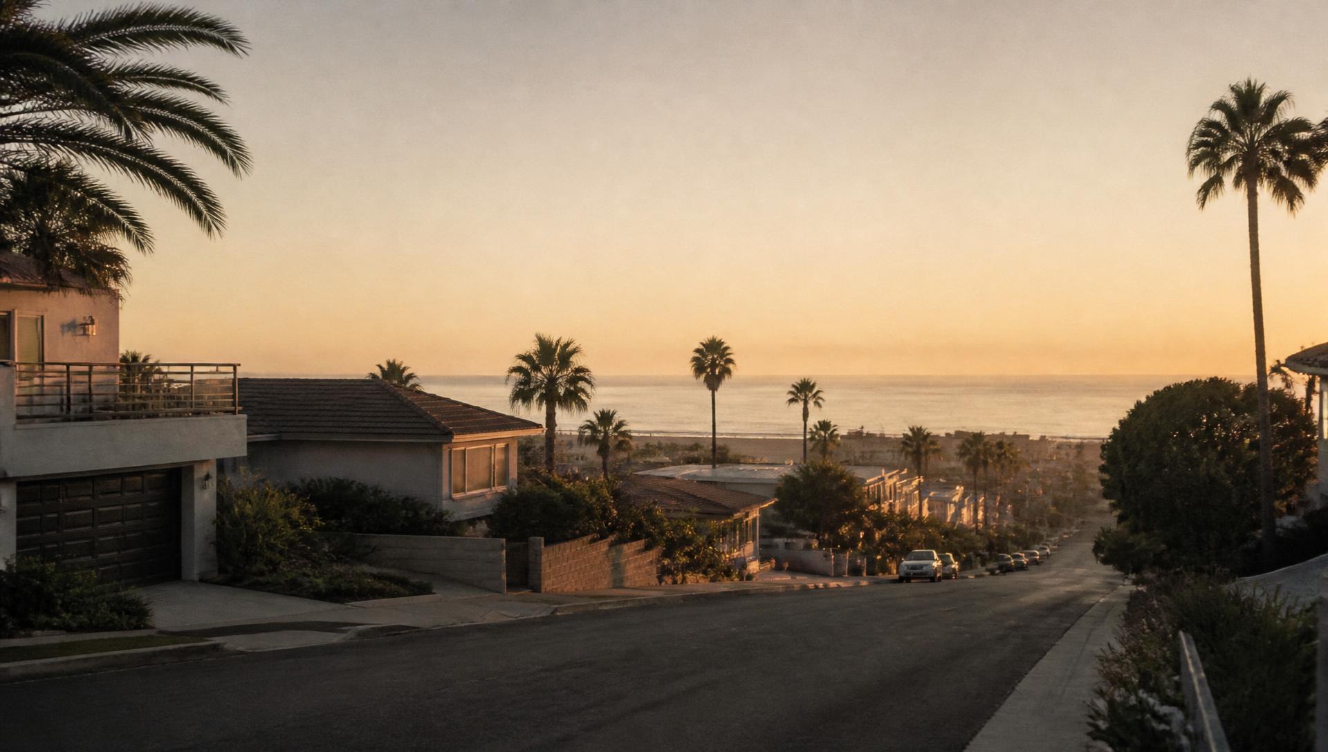South Bay residential street at golden hour with the Pacific in the distance